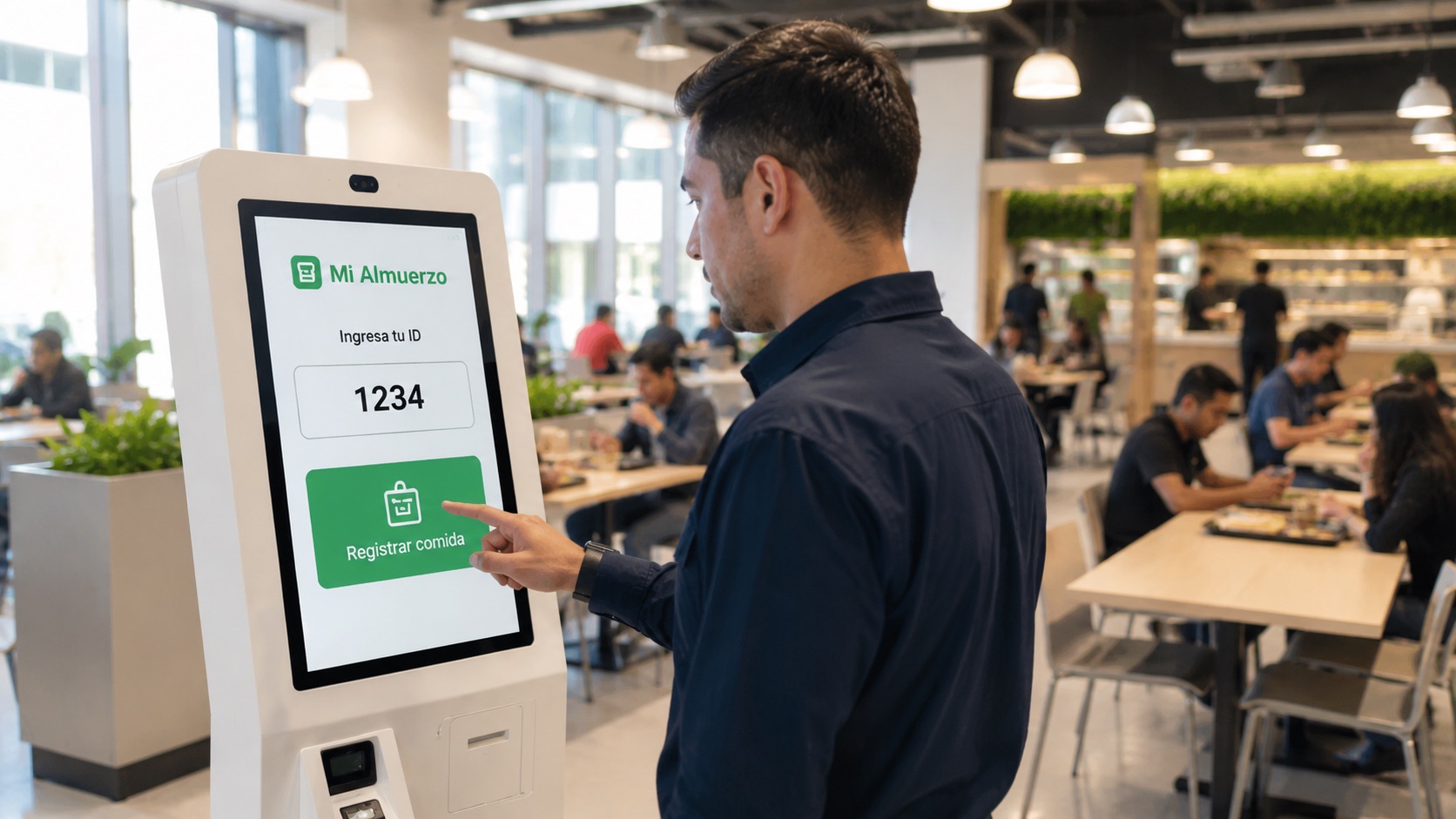 Empleado registrando comida en segundos desde kiosko Mi Almuerzo